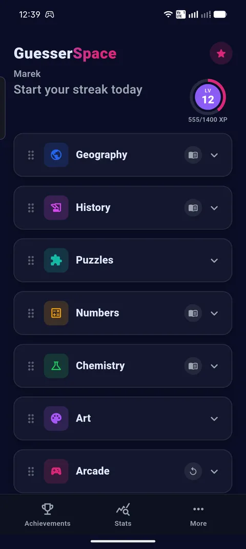 Guesser Space home screen with all six game categories